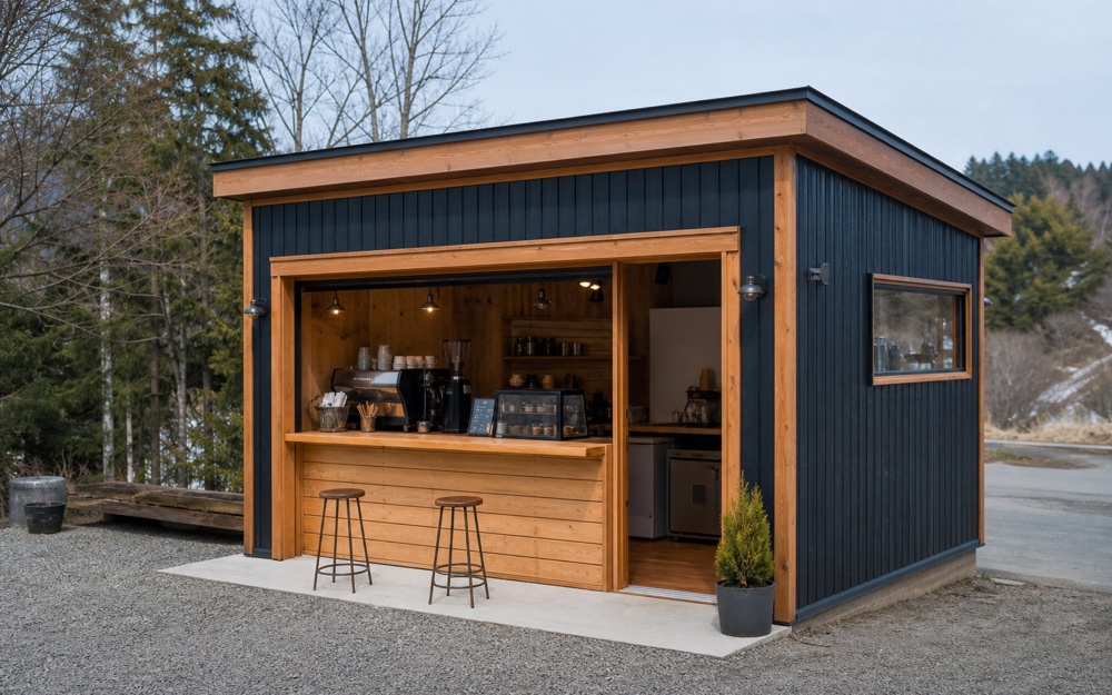正面を大きく開放できる木造小屋のカフェ・コーヒースタンド利用イメージ